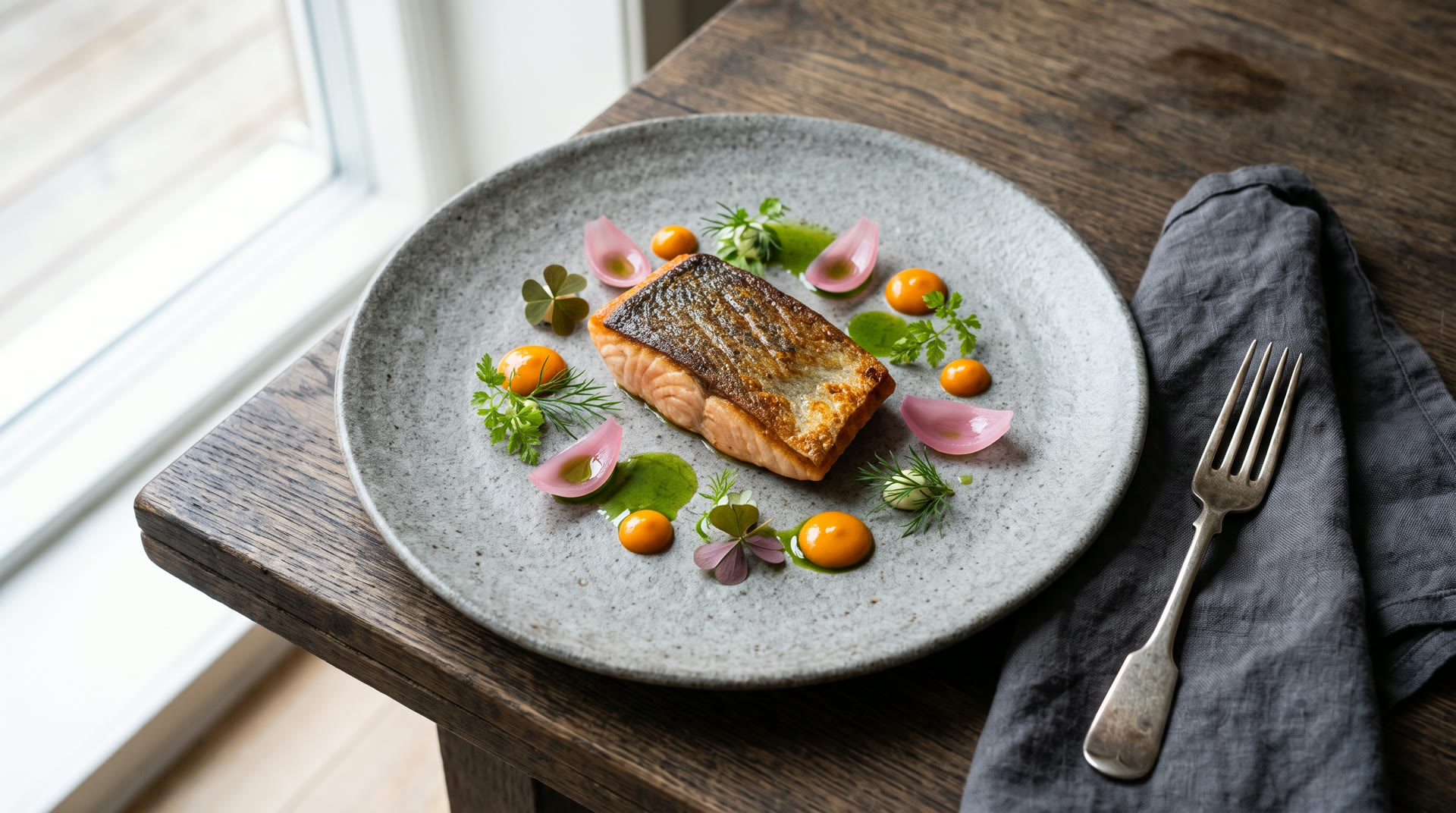 A plated pike-perch course with new potatoes and dill at Restaurant Ahti, Arctic Vela Hotel Helsinki