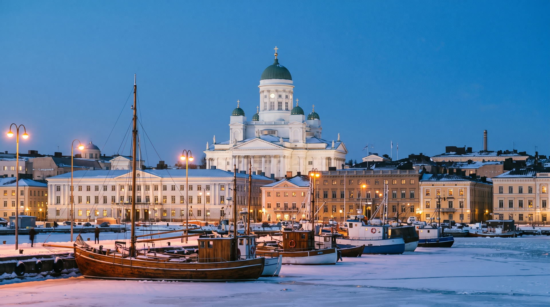 Evening falling over central Helsinki, a twenty-minute walk from Arctic Vela Hotel on Katajanokka
