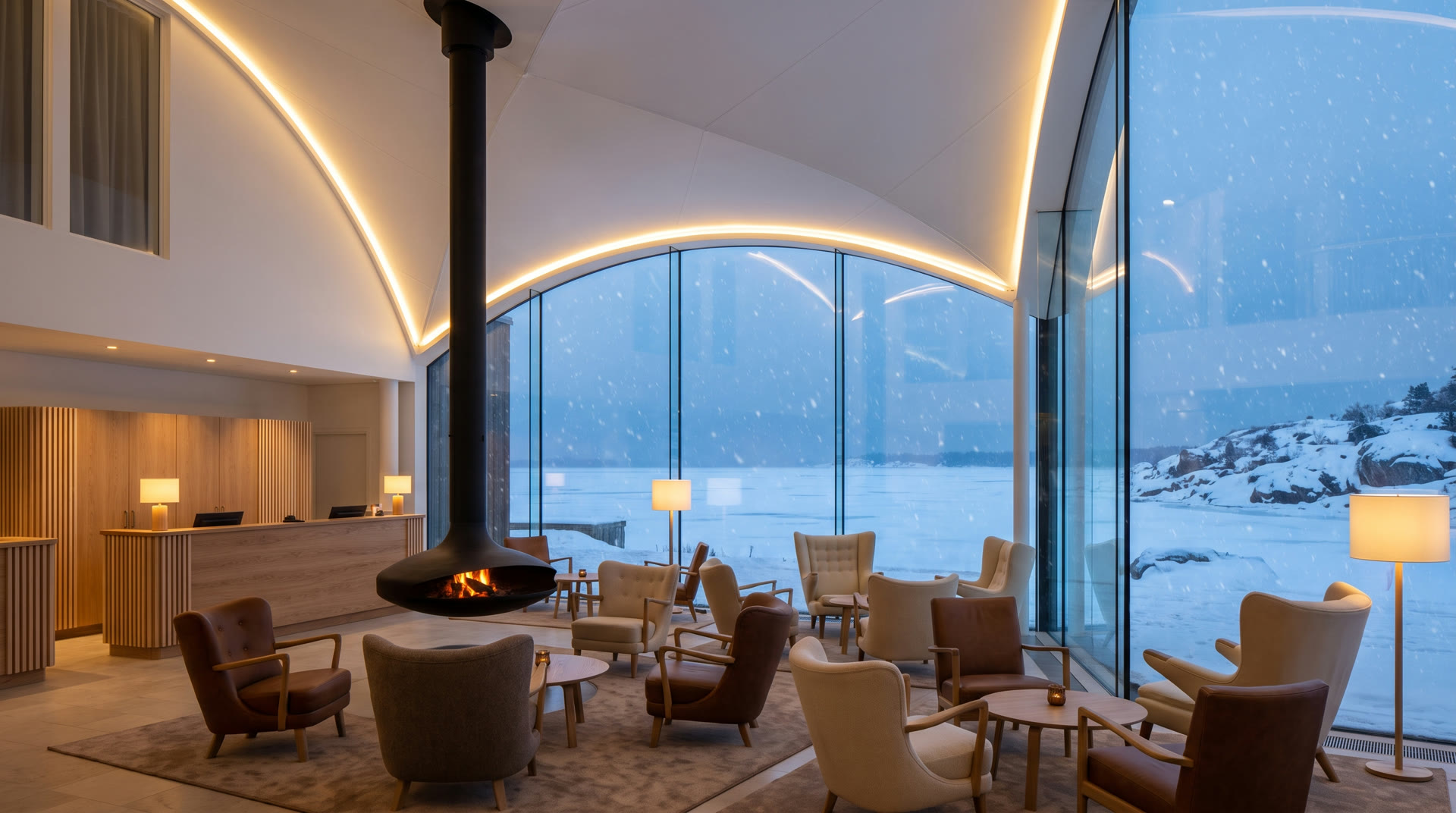 The Kaamos lounge at Arctic Vela Hotel Helsinki — the adults-only evening floor, with deep chairs beside the fire