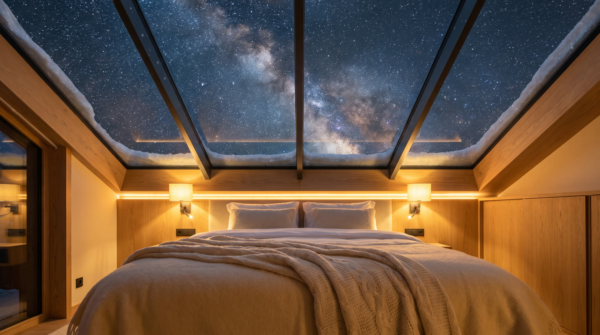Tähti Sky Suite at Arctic Vela Hotel with a glass ceiling above the bed showing the winter stars
