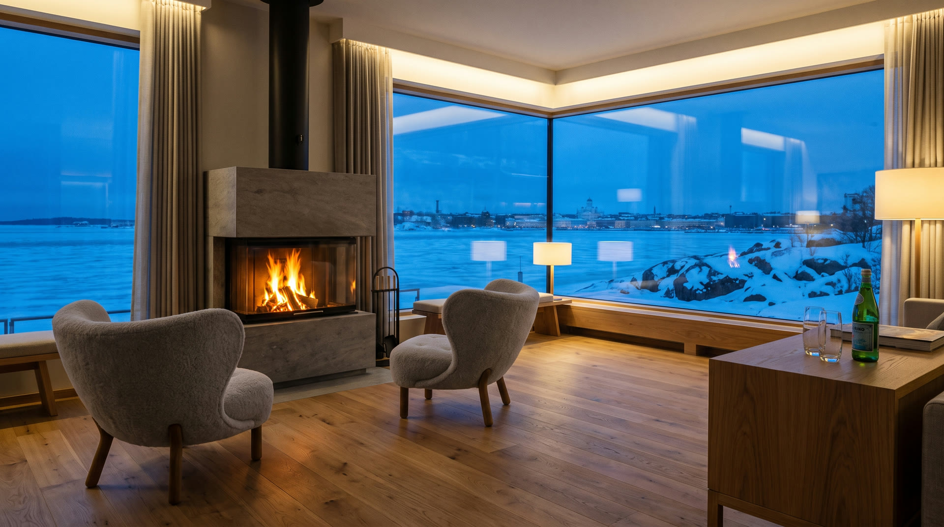 Vela Corner Suite living room with fireplace and panoramic views over the Helsinki waterfront