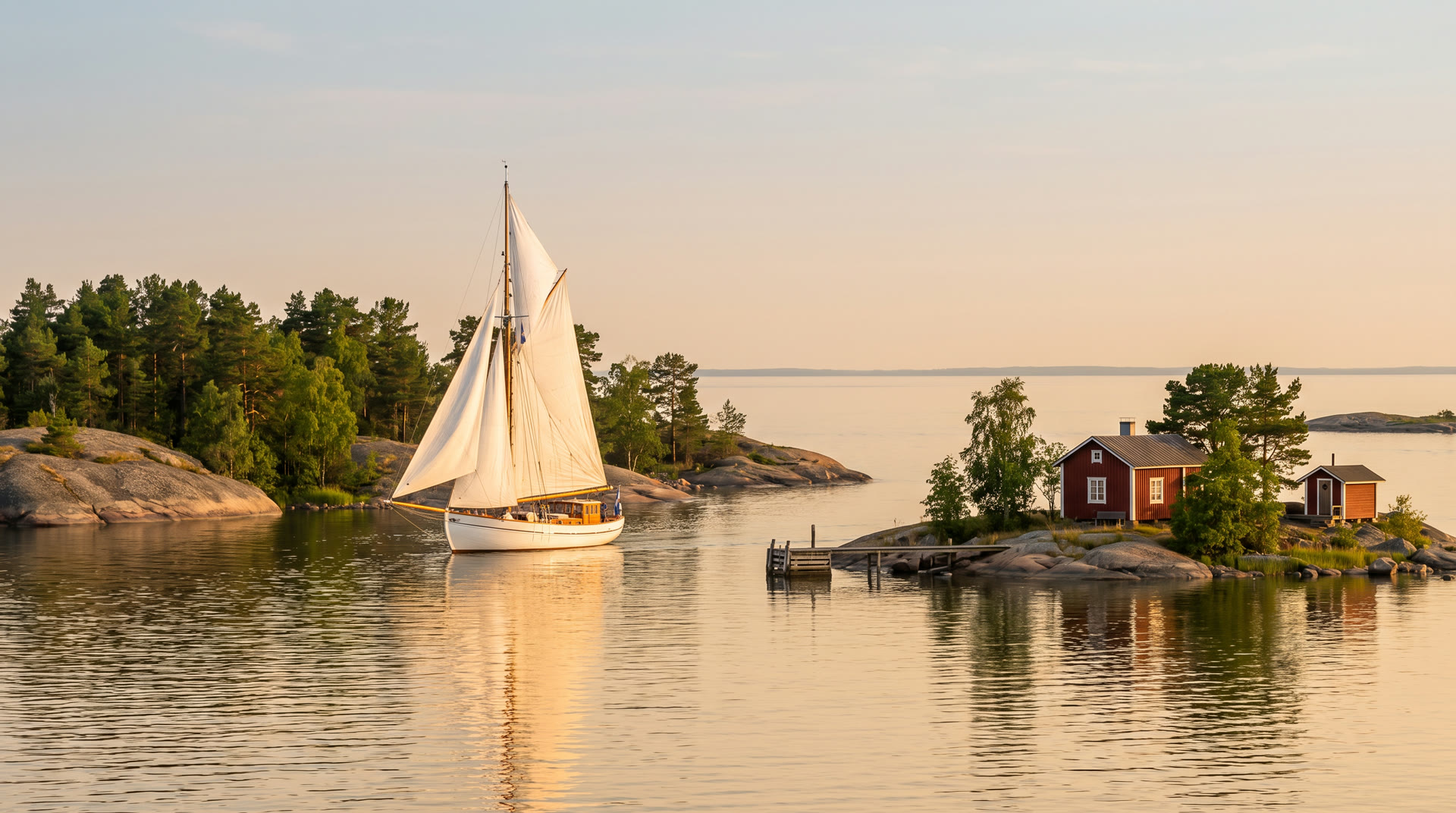 S/Y Vela sailing through the Helsinki archipelago under the light of a white summer night