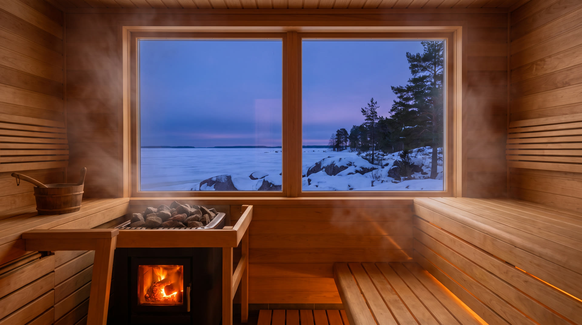 The wood-heated sauna at Arctic Vela Hotel, pale timber benches and a stove of stones beside a picture window over the Baltic Sea