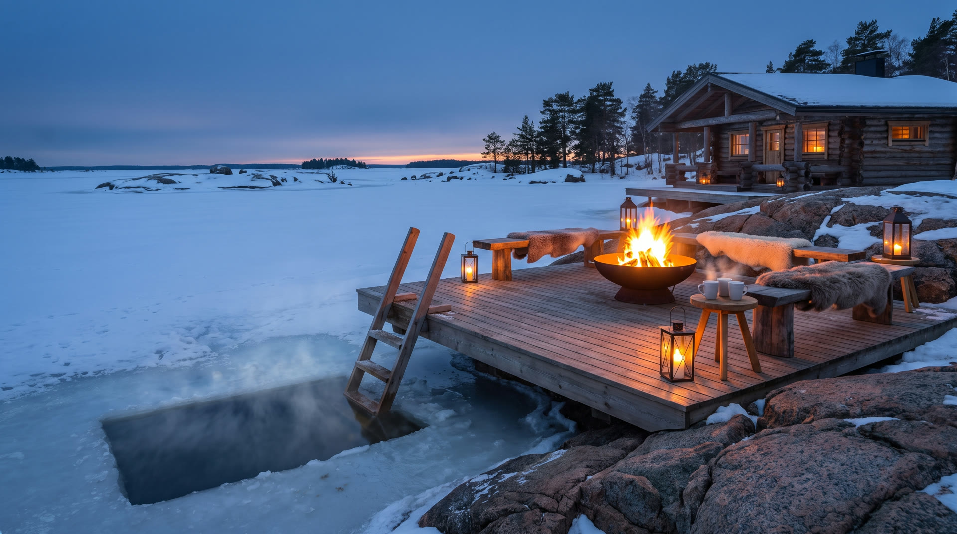 The Arctic Vela sauna terrace with a fire bowl and an avanto ice-swimming hole in the frozen Baltic